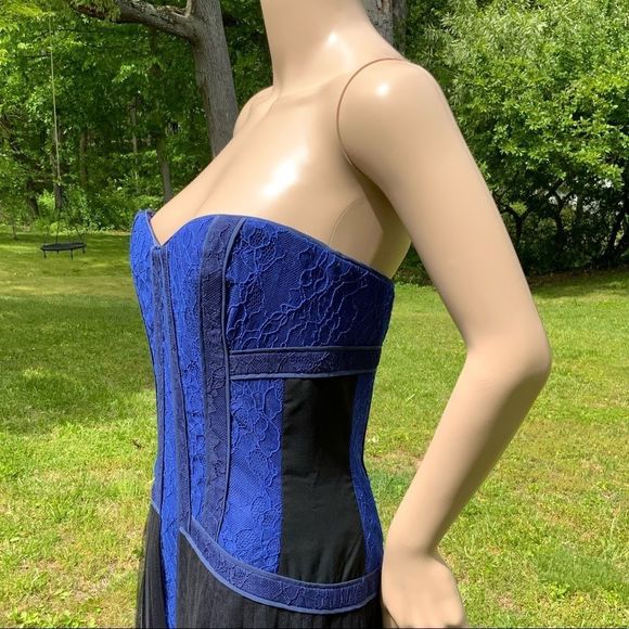 NWT $338 BCBGMAXAZRIA | Galia |  Strapless Fringe Hem Lace Corset Dress in Blue - Picture 12 of 16